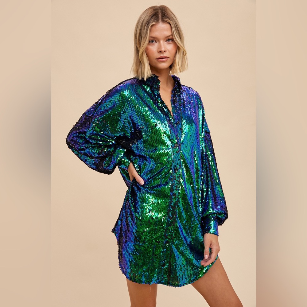 Aliyah Sequin Button Down Shirt Dress in Emerald